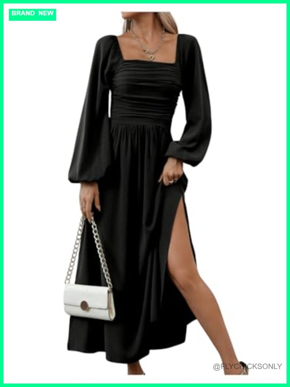 Floerns Square Neck Lantern Sleeve Ruched Split Midi Dress